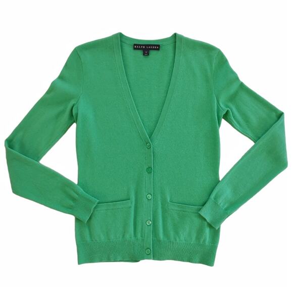 RALPH LAUREN Classic Cashmere Sweater Green Size S Preppy Basic V-Neck Cardigan - Picture 2 of 12